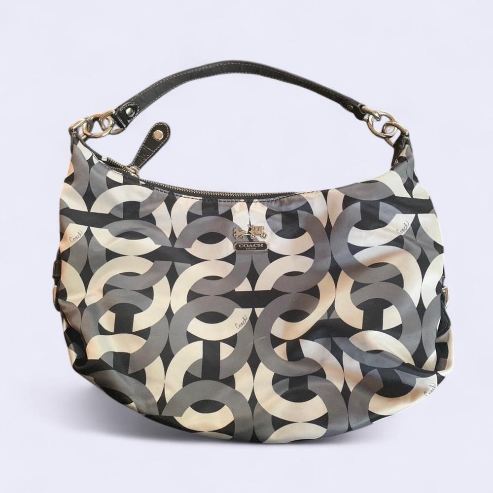 Coach Black and Cream Hobo Bag with Geometric Pattern